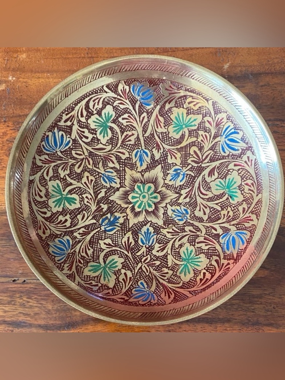 Intricate Floral Brass raised Plate. 6" made in India.